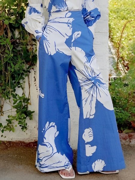 Vacation Floral Wide Leg Fashion Pants, Blue, Pants