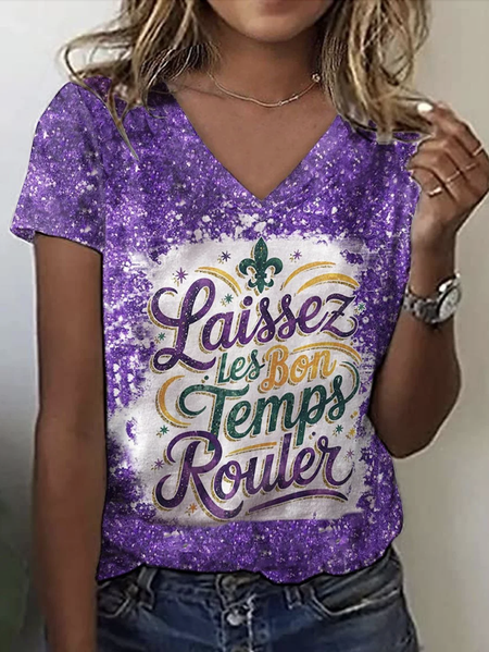 

Mardi Gras Casual Ombre V Neck Short Sleeve T-shirt, Purple, T-shirts