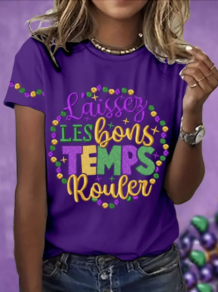 

Mardi Gras Casual Text Letters Crew Neck Short Sleeve T-shirt, Purple, T-shirts