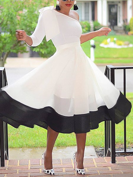 Elegant Color Block Split Joint One Shoulder Midi Dress, Black-white, Midi Dresses