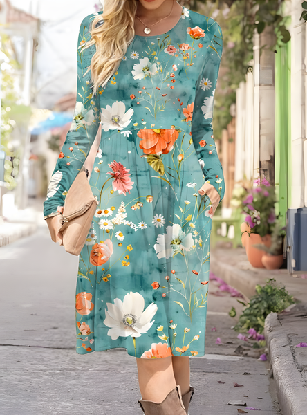 

Women's Artistic Floral Print Long Sleeve Pocket Dress, As picture, Dresses