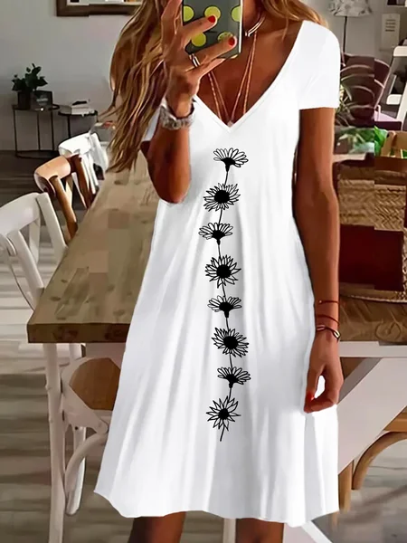 Women's Floral Spring Print Casual Short Sleeve V-Neck Dress, White, Dresses