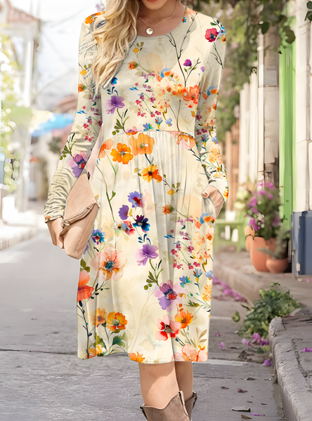 

Women's Artistic Floral Print Long Sleeve Pocket Dress, As picture, Dresses