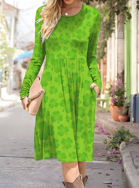 

Women's St. Patrick's Day Shamrock Print Long Sleeve Pocket Dress, As picture, Dresses