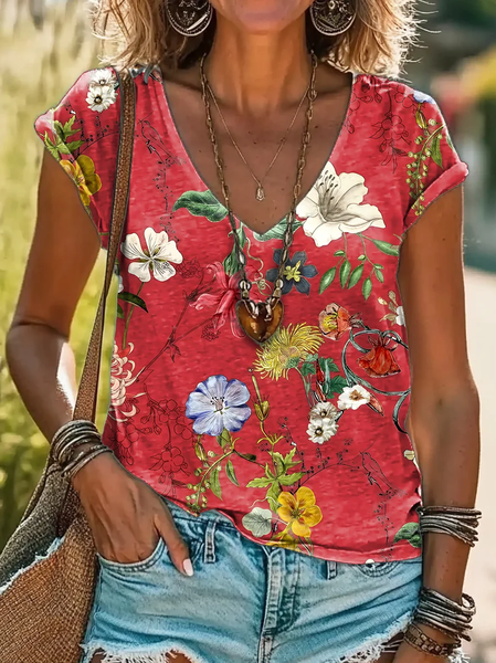 Women's Short Sleeve Tee T-shirt Summer Floral Printing V Neck Casual Graphic Tee Top, As picture, T-Shirts