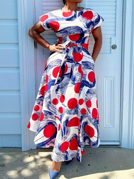 

Urban Abstract Polka Dots Crew Neck Maxi Dress With Belt, As picture, Maxi Dresses