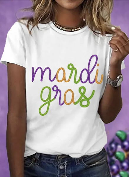 

Mardi Gras Casual Text Letters Crew Neck Short Sleeve T-shirt, White, T-shirts