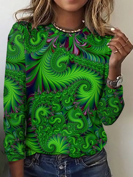 Casual Geometric Crew Neck Long Sleeve T-shirt, Green, T-shirts