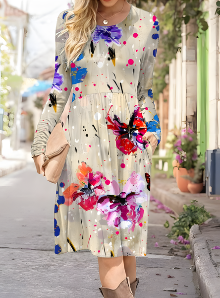 

Women's Artistic Floral Print Long Sleeve Pocket Dress, As picture, Dresses