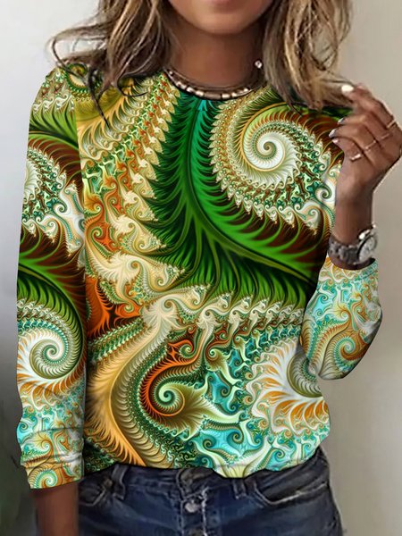 

Casual Geometric Crew Neck Long Sleeve T-shirt, Lightgreen, T-shirts