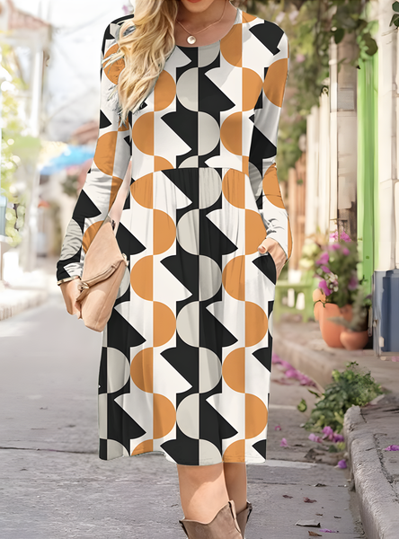 

Women's Art Plaid Print Long Sleeve Pocket Dress, As picture, Dresses