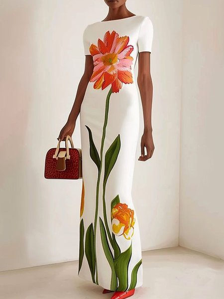 Elegant Floral Boat Neck Maxi Dress, White, Maxi Dresses