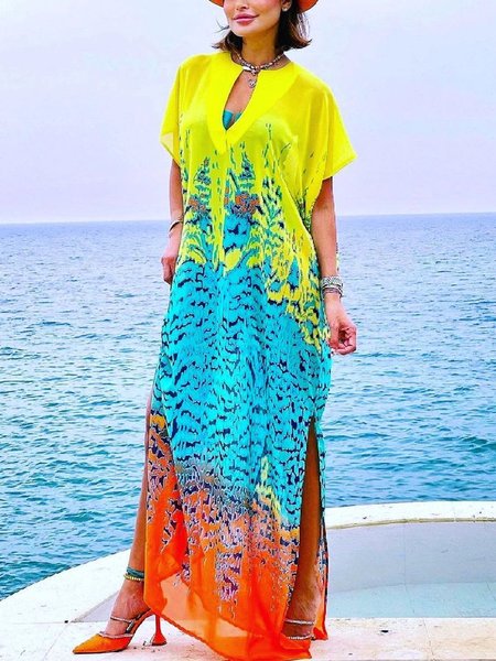 

Vacation Gradient Pattern Side-Slit Notched Maxi Dress, As picture, Maxi Dresses