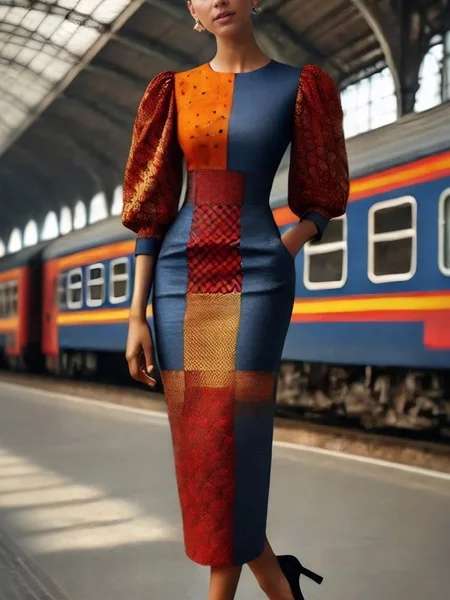 

Urban Random Print Puff Sleeve Printing Crew Neck Midi Dress, As picture, Midi Dresses