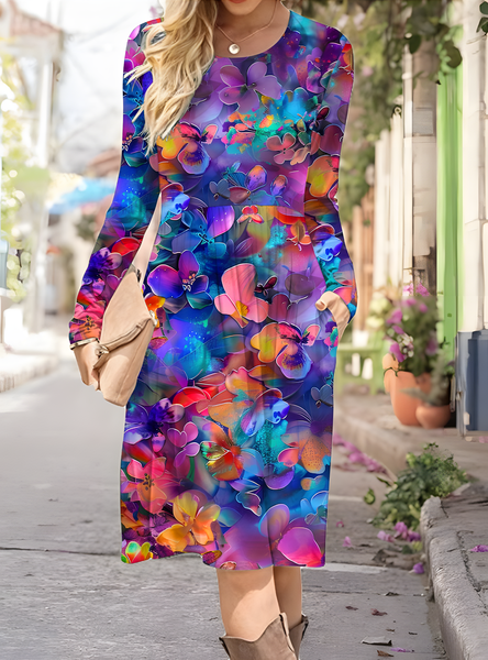

Women's Artistic Floral Print Long Sleeve Pocket Dress, As picture, Dresses