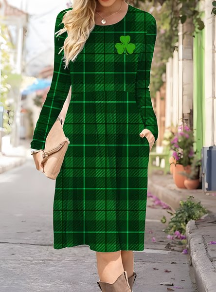 

Women's St. Patrick's Day Shamrock Print Long Sleeve Pocket Dress, As picture, Dresses
