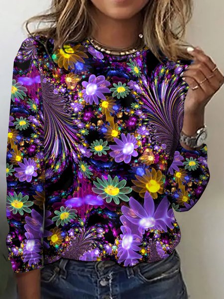 

Casual Geometric Crew Neck Long Sleeve T-shirt, Purple, T-shirts