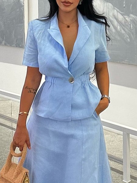 Casual Plain Lapel Collar Shirt, Blue, Blouses and Shirts
