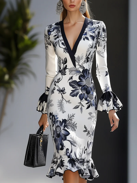 Elegant Floral Ruffle Sleeve Printing V Neck Knee Length Dress, As picture, Midi Dresses