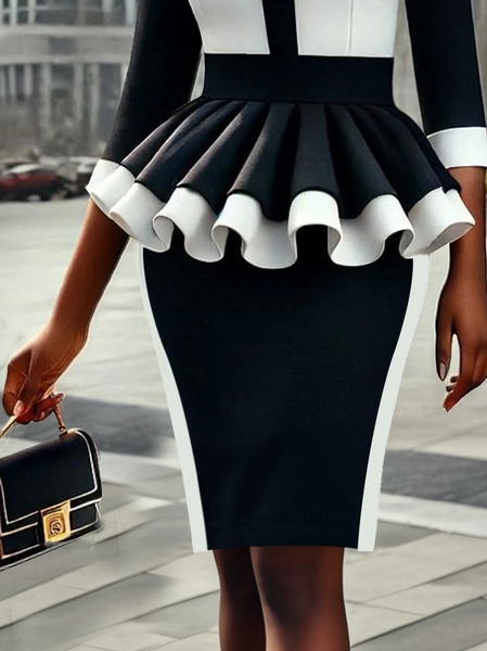 Urban Split Joint Color Block Knee Length Skirt, As picture, Skirts