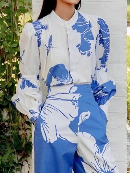 Vacation Floral Printing Stand Collar Shirt, Blue, Blouses and Shirts