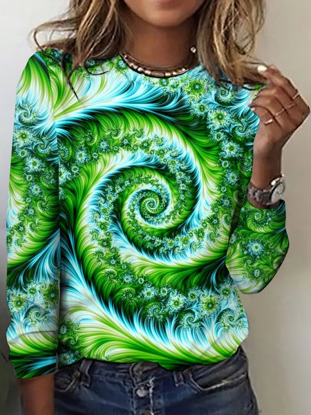 Casual Geometric Crew Neck Long Sleeve T-shirt, Green, T-shirts