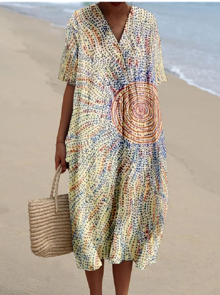 

V Neck Leaf Cotton-Blend Vintage Dress With No, As picture, Dresses