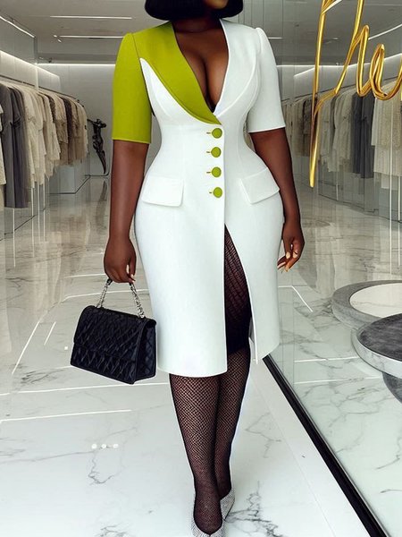 Urban Color Block V Neck Knee Length Dress, White, Midi Dresses