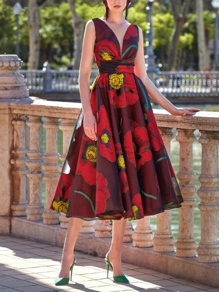 Elegant Floral Printing Deep V Neck Midi Dress, Red, Midi Dresses