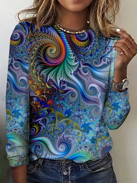 

Casual Geometric Crew Neck Long Sleeve T-shirt, Blue, T-shirts