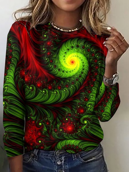

Casual Geometric Crew Neck Long Sleeve T-shirt, Red, T-shirts