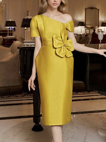 

Elegant Plain 3D Floral Asymmetrical Midi Dress, Yellow, Midi Dresses