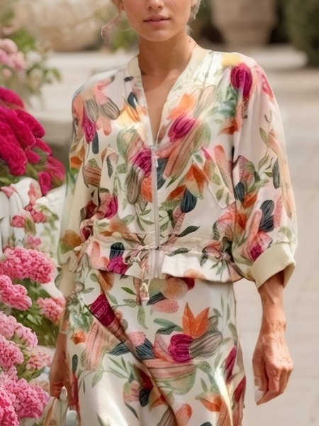 Elegant Printing Floral V Neck Jacket, As picture, Jackets