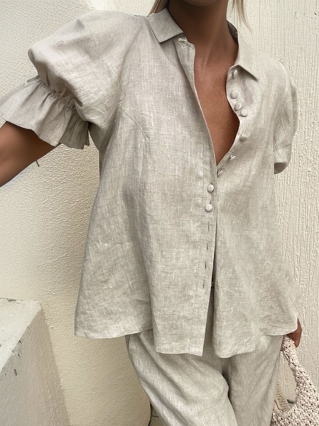 

Vacation Plain Buttoned Puff Sleeve Shirt, As picture, Blouses and Shirts