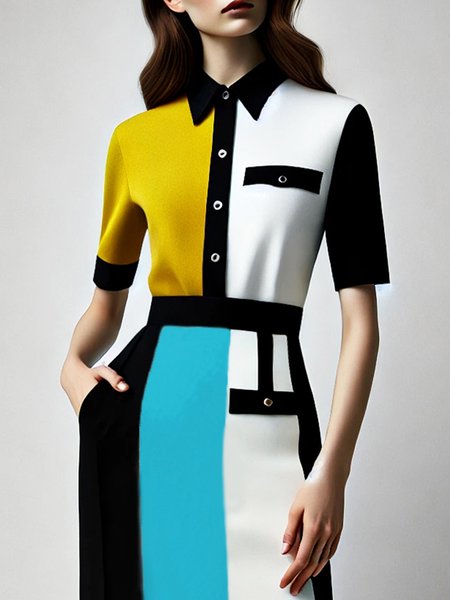 

Urban Color Block Shirt Collar Short Sleeve Shirt, As picture, Blouses and Shirts