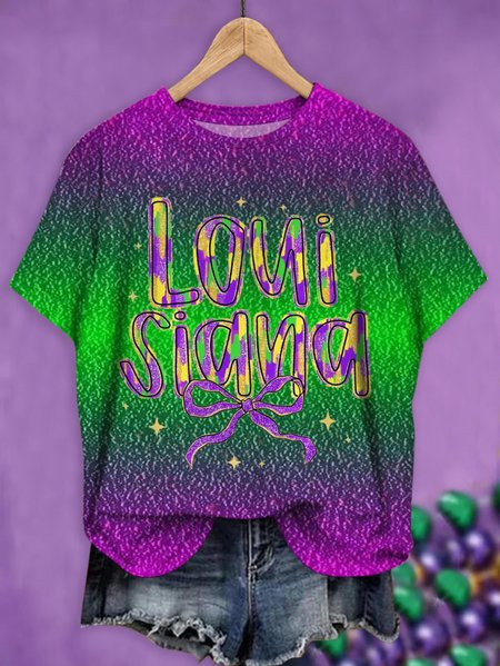 

Mardi Gras Casual Ombre Crew Neck Short Sleeve T-shirt, Purple, T-shirts