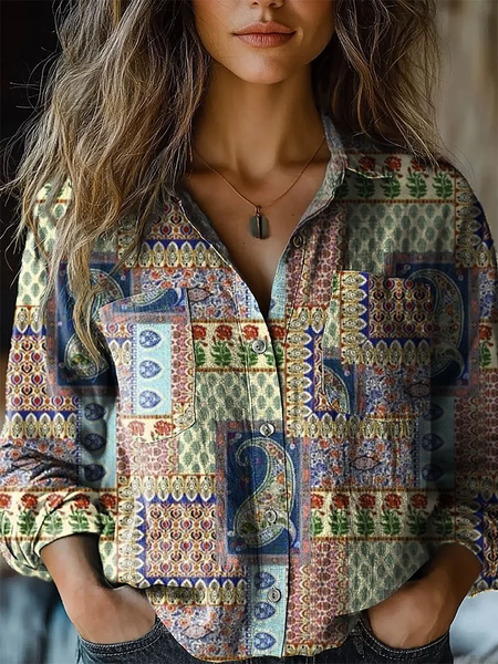 

Women's Patchwork Art Print Casual Long Sleeve Comfortable Cotton Shirt, As picture, Blouses