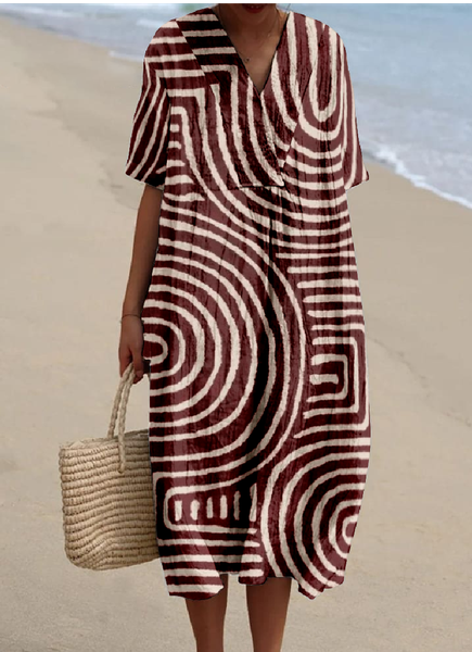 

Striped Cotton-Blend Casual Dress With No, Wine red, Dresses