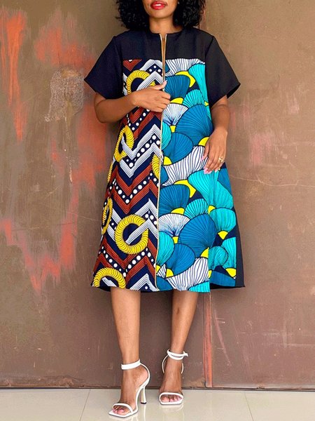 

Casual Ethnic Patterns Crew Neck Knee Length Dress, As picture, Midi Dresses