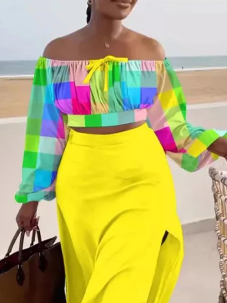

Vacation Colorblock Cold Shoulder Balloon Sleeve Blouse, As picture, Blouses and Shirts