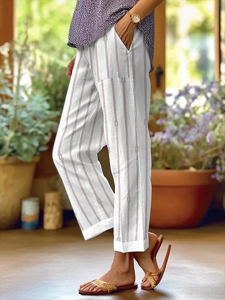 

Women's Trousers Straight Pants Daily Going Out Casual Printing Linen Blend Striped Spring/Fall Pants, White, Pants