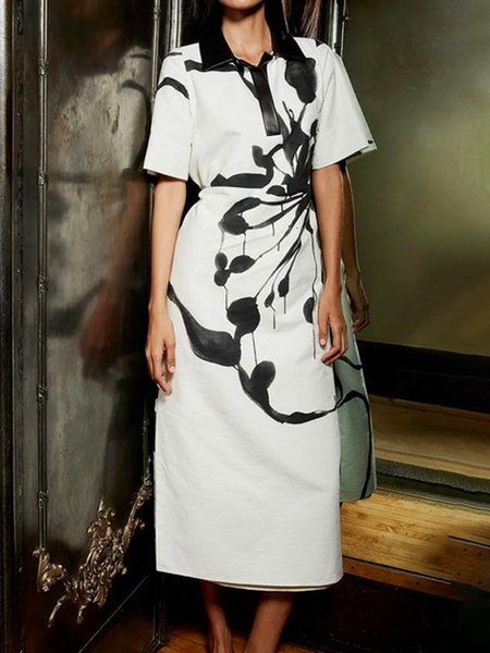 Urban Floral Pattern Split Joint Shawl Collar Maxi Dress, Black-white, Maxi Dresses