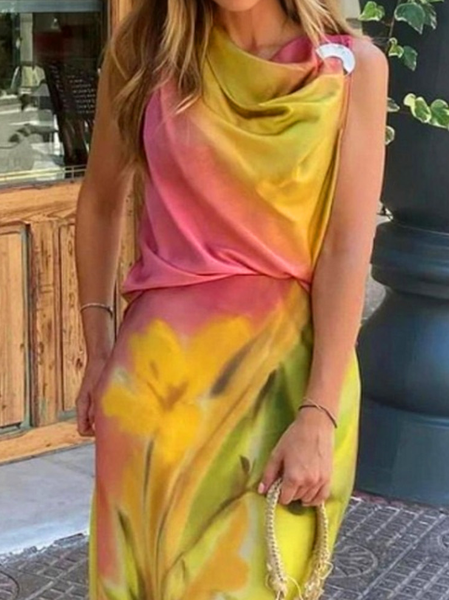 

Vacation Floral Pattern Printing Cowl Neck Tank Top, As picture, Vests and Gilets