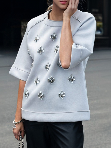 Casual Plain Buckle Crew Neck Blouse, Gray, Blouses and Shirts