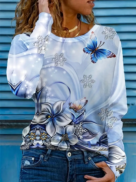 

Women's Floral Butterfly Spring Print Round Neck Long Sleeve T-Shirt, Blue, Long sleeves