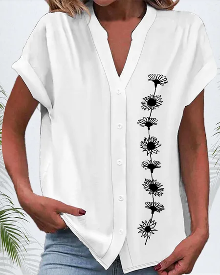 

Women's Short Sleeve Shirt Summer White Floral Printing V Neck Daily Going Out Casual Top, Blouses