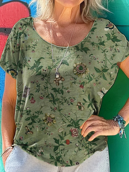Women's Short Sleeve Tee T-shirt Summer Floral Printing Crew Neck Casual Graphic Tee Top, Green, T-Shirts