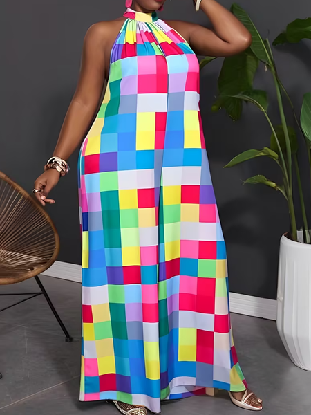 Vacation Geometric Halter Jumpsuit, As picture, Jumpsuits