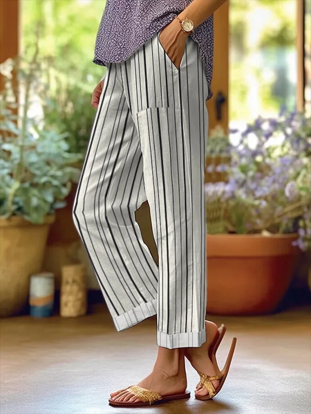 

Women's Trousers Straight Pants Daily Going Out Casual Printing Linen Blend Striped Spring/Fall Pants, As picture, Pants