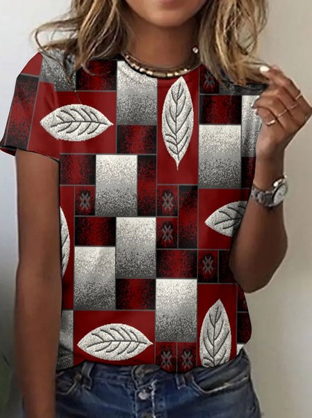 

Artistic Color Block Print Crew Neck Short Sleeve T-shirt, Red, T-shirts